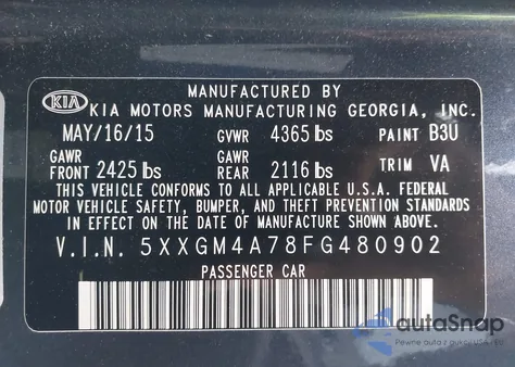 2015 Kia Optima Lx z USA, uszkodzony, nr VIN 5XXGM4A78FG480902